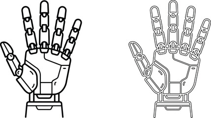 Fototapeta premium Robotic hand vector line art icon set, futuristic bionic cyborg hand with mechanical joints, artificial intelligence and robotics engineering concept illustration