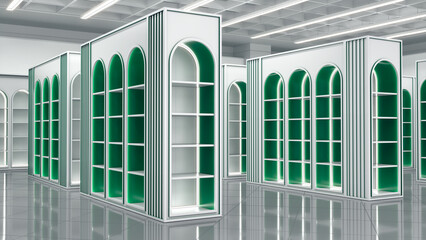 White and green arched gondola shelving with LED lighting in a retail store interior. 3d illustration © Wire_man