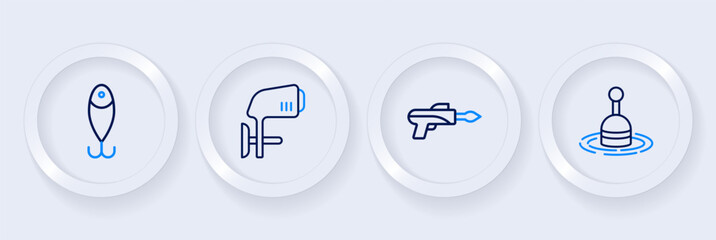 Set line Fishing float in water, hook, Outboard boat motor and lure icon. Vector © Iryna