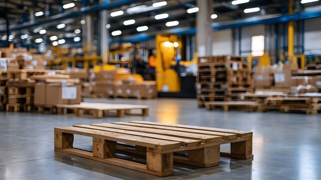 Neatly organized stacks of pallets dominate a modern warehouse highlighting the efficiency and structured nature of commercial logistics ope ns