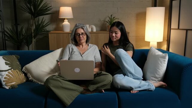 Two multiracial women, a grandmother and granddaughter, using a laptop on the couch at home