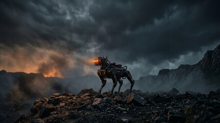 Fototapeta premium Futuristic Robot Dog Scouting a Rocky Desolate Landscape Under Stormy Sky