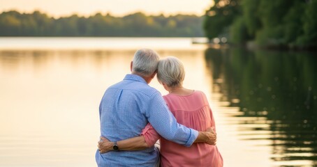Fototapeta premium Senior Couple Embracing by Lake at Sunset