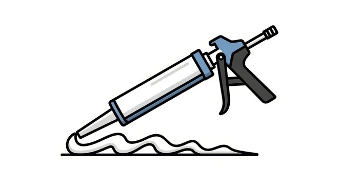 Caulking gun tool applying white silicone sealant to a flat surface in linear style illustration for construction repair projects.