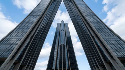 Fototapeta premium Modern skyscrapers framing a central building against a blue sky. Low angle view of glass office towers in a city. Concept of corporate architecture, urban development and business growth.