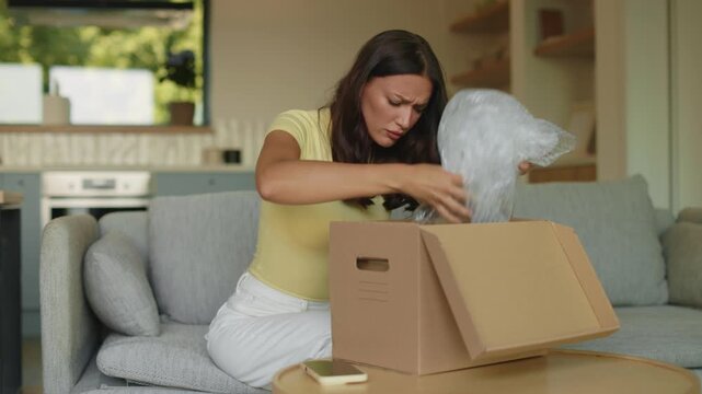 Frustrated woman lifting empty cardboard box and shaking it after wrong delivery