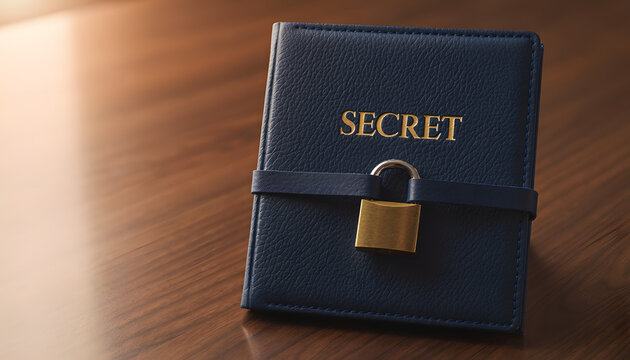 A blue leather journal with the word secret embossed in gold letters, locked tightly with a brass padlock on a wooden table, creating a concept of privacy and data security