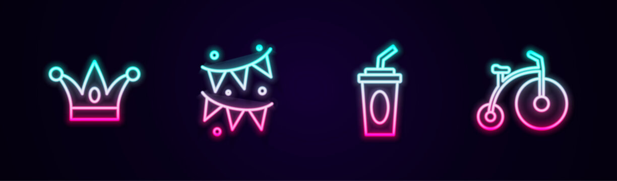 Set line Jester hat with bells, Carnival garland flags, Paper glass water and Vintage bicycle. Glowing neon icon. Vector