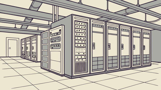 A large data center room featuring rows of server rack cabinets on a tiled floor with overhead ventilation ducts and a door in the background