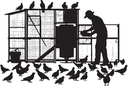 Silhouette of a man feeding chickens and pigeons