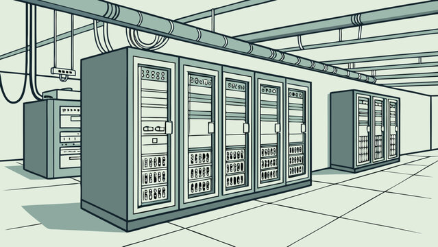 A server room with rows of rack cabinets on a tiled floor, featuring overhead pipes and cables running across the ceiling in a technical space
