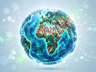 Fototapeta premium Global Digital Network Connection with Diverse People Standing on Planet Earth Representing Worldwide Connectivity and Social Communication