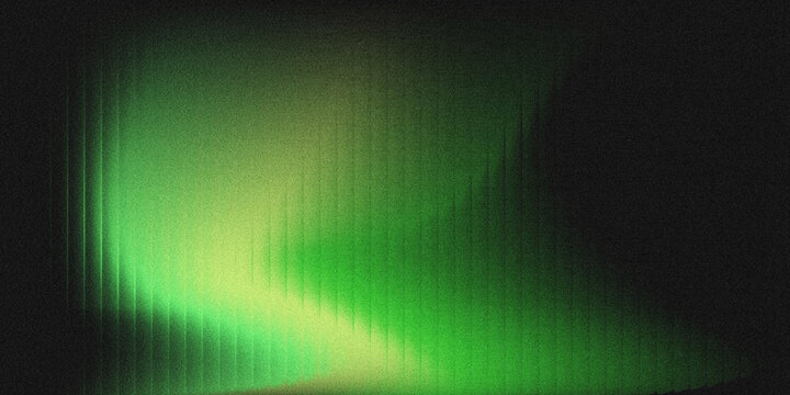Black backdrop abstract background with glowing lime and emerald green vertical gradient aurora light streaks, heavy grainy noise texture.