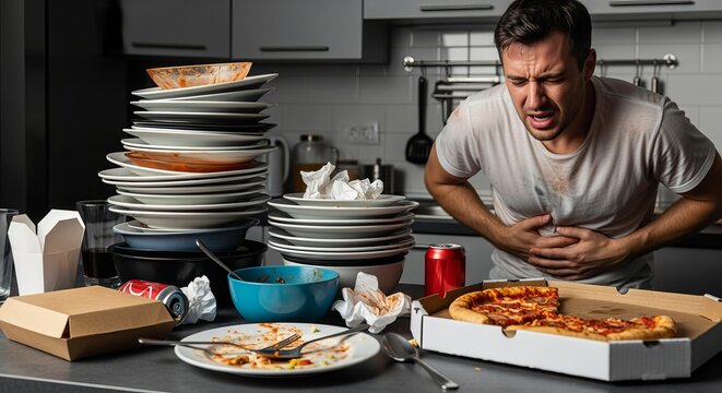 Man wincing in discomfort after meal, surrounded by stacked dirty dishes on the counter