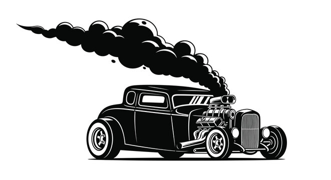 Vintage hot rod car with smoke trail black silhouette
