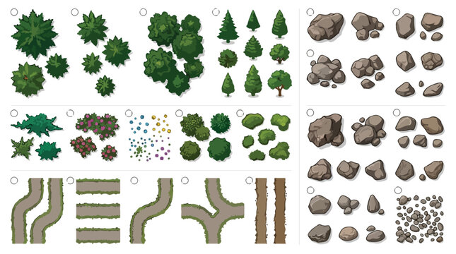 Isometric game map assets, top down view of forest trees and rocks, collection of nature environment elements and dirt road paths for level design