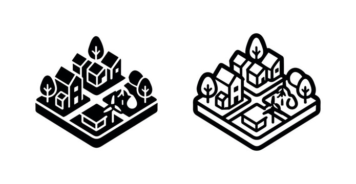 Isometric small town neighborhood with houses and trees icon set.