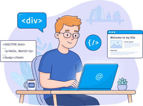 Young male web developer working on a laptop with coding icons and html tags in a modern office