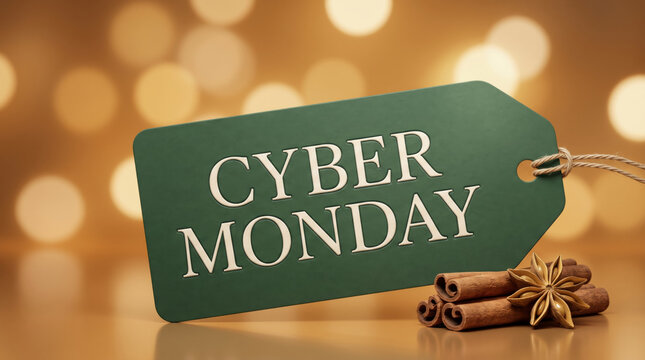 Cyber Monday Text on Hanging Price Tag with Golden Bokeh Background, Online Shopping Sale Banner