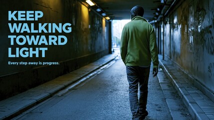 Fototapeta premium Adult walking through dark tunnel toward morning light for addiction recovery campaign