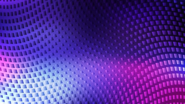 Abstract digital background with glowing purple and blue pixel squares in a wavy pattern
