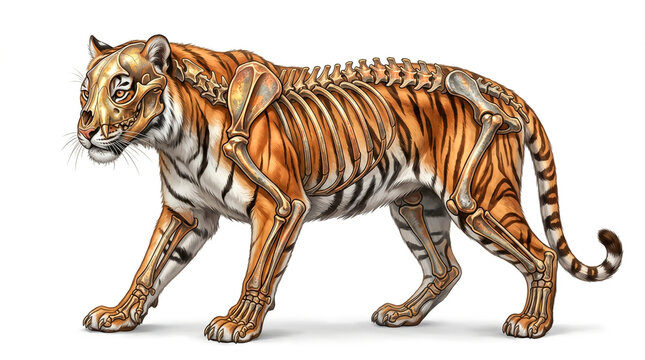 Tiger anatomy illustration with visible skeleton structure
