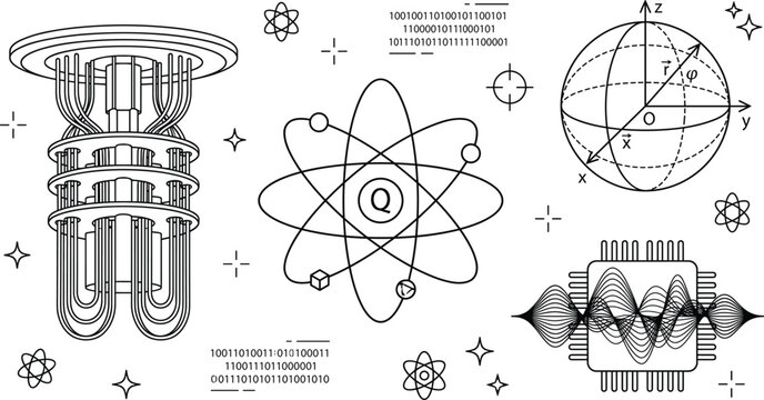 Quantum Computing Processor Hardware and Physics Bloch Sphere Line Icon Graphic Vector Set