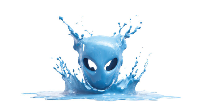 Playful blue alien emerging from water splash on white background, whimsical extraterrestrial character illustration representing science fiction, fantasy, technology, and creativity, visuals
