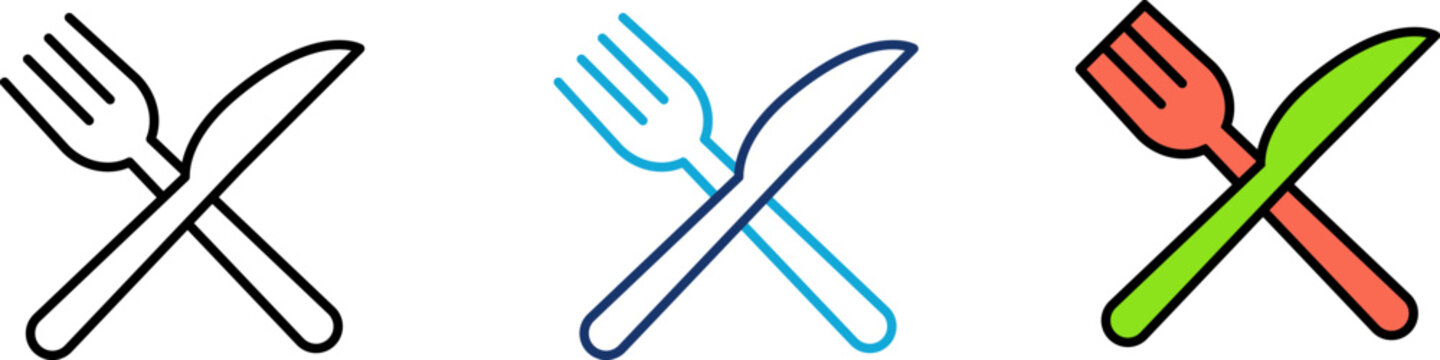 Restaurant icon set showing professional crossed fork and knife cutlery for food dining cafe menu catering service kitchen cooking and dinner lunch meal nutrition