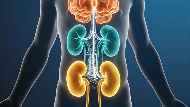 Human body illustration with brain, kidneys, and urinary system highlighted