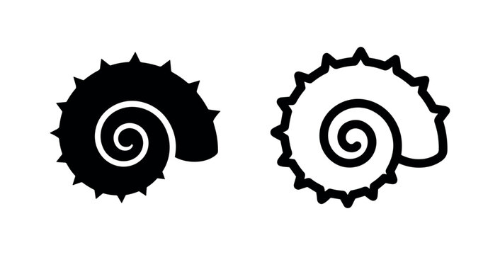 Spiral seashell icon, solid and outline styles for ocean, beach, and marine life themes.
