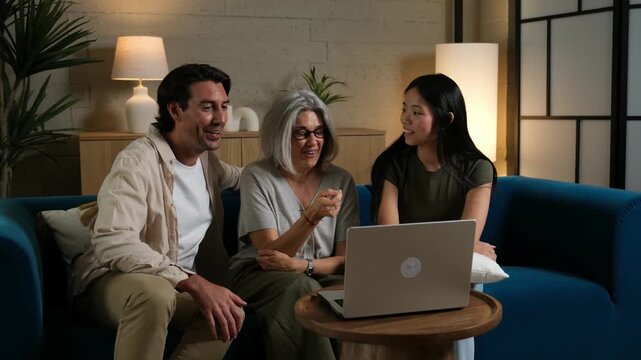 Multigenerational family happily talking and laughing during a video call on a laptop at home