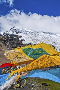 Praying flags on the Karo-La Pass along the Friendship Highway, Tibet, Asia