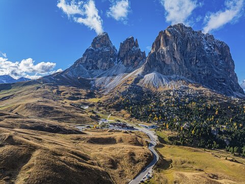 The peaks of the Sassolungo Group, Passo Sella, drone shot, Val Gardena, Dolomites, Autonomous Province of Bolzano, South Tyrol, Italy