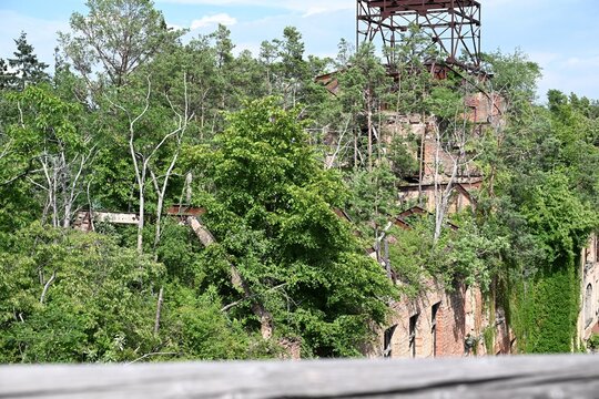 Rusty old industrial mine headframe tower behind overgrown trees and green wilderness