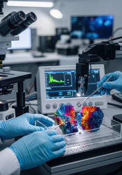 Rare earth elements research with colorful crystalline samples under microscope in laboratory environment for scientific analysis