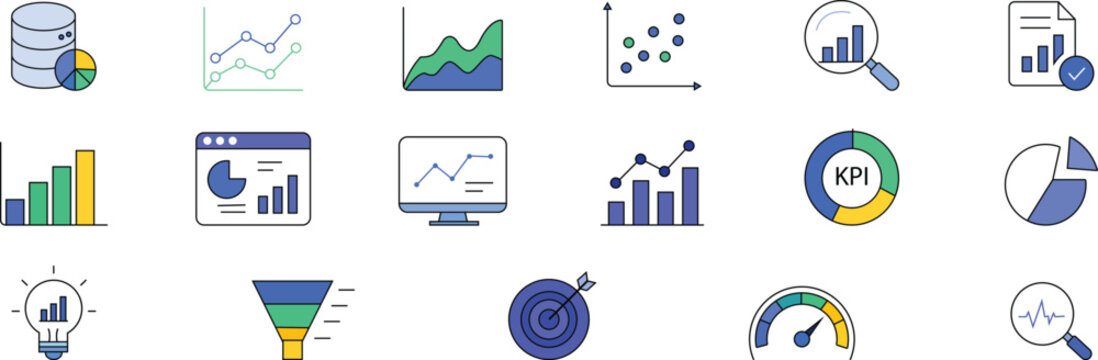 Data Analytics and Business Intelligence Color Icon Set with Dashboard, KPI, Charts, Reports and Data Visualization