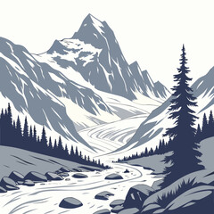 Artistic of a mountain range with a glacier and a flowing river in the foreground surrounded by a dense pine forest landscape © shahin10