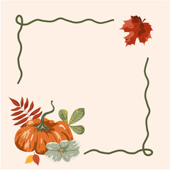 Fototapeta premium Autumn square frame template with a big orange pumpkin, maple leaf, rowan branch. Festive fall border design with copy space on beige background. Vector illustration. leaves frame