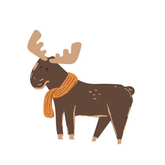 Obraz premium Cute brown moose character with big antlers wearing an orange knitted scarf. Woodland illustration in doodle for kids nursery decor or greeting card. Vector drawing isolated on white 