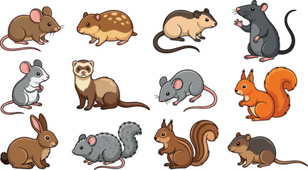 Fototapeta premium Rodent and Small Mammal Cartoon Vector Set with Mouse Rat Squirrel Hamster Ferret and Rabbit Characters for Educational Wildlife Designs
