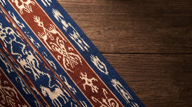 Premium traditional Indonesian Tenun Ikat Sumba woven fabric close up with rustic kombu red and indigo motifs on dark wood, luxury authentic cultural heritage textile macro photograph