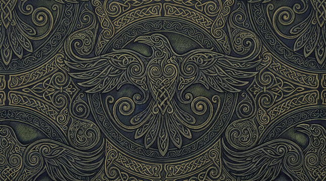 Embossed celtic raven design with intricate knotwork on a dark textured surface.