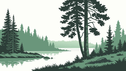 Green toned of a serene forest landscape with tall pine trees and a calm river flowing through the quiet wilderness scenery © shahin10