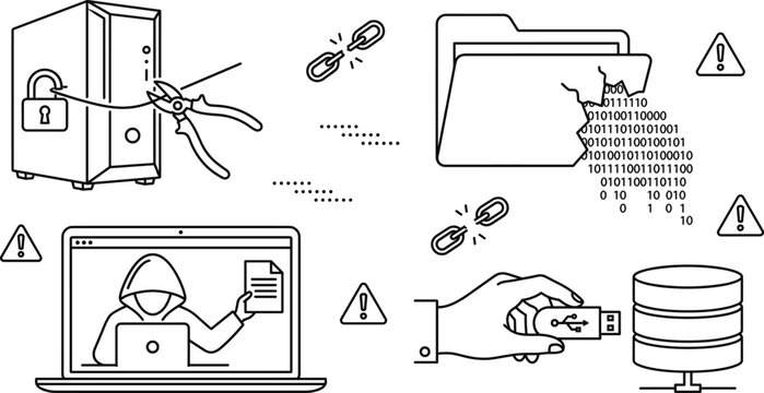 Cyber Security Breach And Data Theft Hacker Vector Line Icon Set For Network