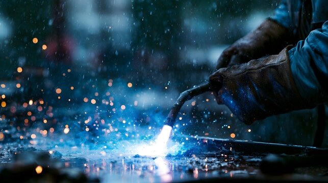 A dramatic close up view of intense blue welding flames and bright molten metal sparks against a dark industrial backdrop