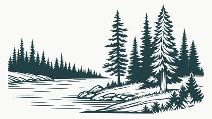 Monochrome ink of a peaceful forest landscape with tall pine trees and a calm river flowing through the wilderness scenery © shahin10