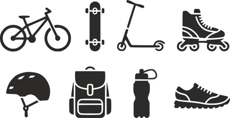 A collection of black silhouette representing outdoor sports equipment, active lifestyle, and travel gear © Milon