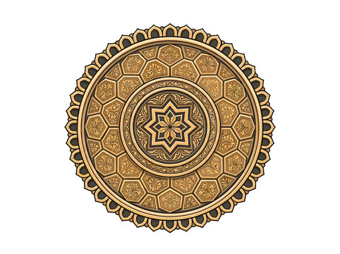 Elaborate Ornate Geometric Arabesque Circular Tile Featuring Detailed Hexagonal Patterns And A Central Star Design In Golden And Black Color Scheme Vector Illustration
