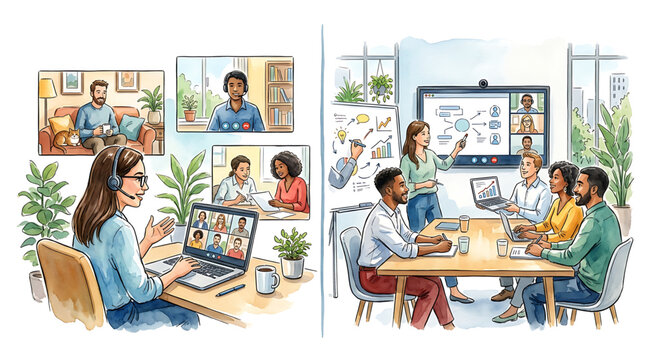 Watercolor illustration of hybrid work environment showing remote employees and office teams collaborating through virtual meetings